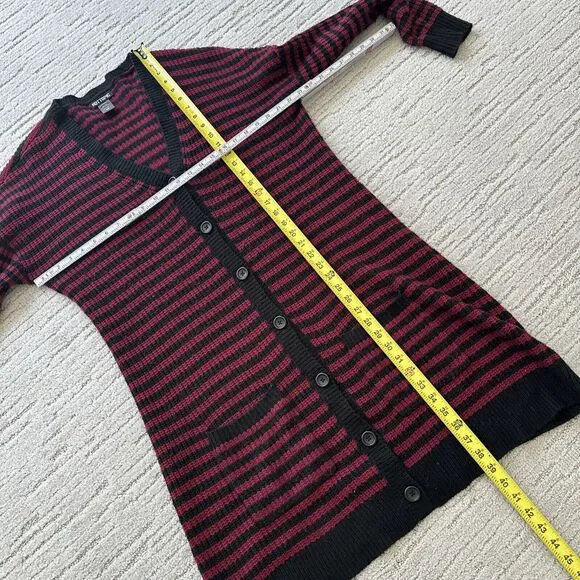 Hot Topic Long Cardigan Sweater, Red, Black, Striped Emo Size Medium Button Down - Picture 13 of 14